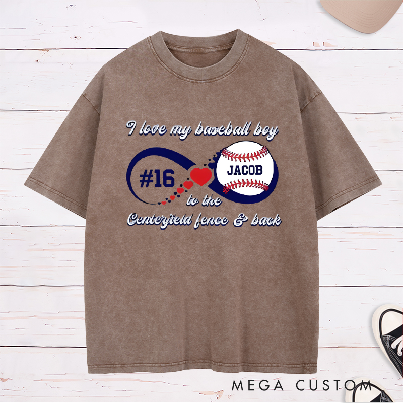 Personalized “I Love My Baseball Boy” Washed T-Shirt with Custom Name and Number  