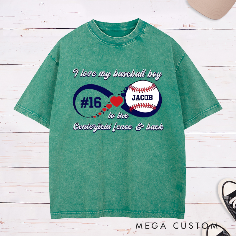 Personalized “I Love My Baseball Boy” Washed T-Shirt with Custom Name and Number  