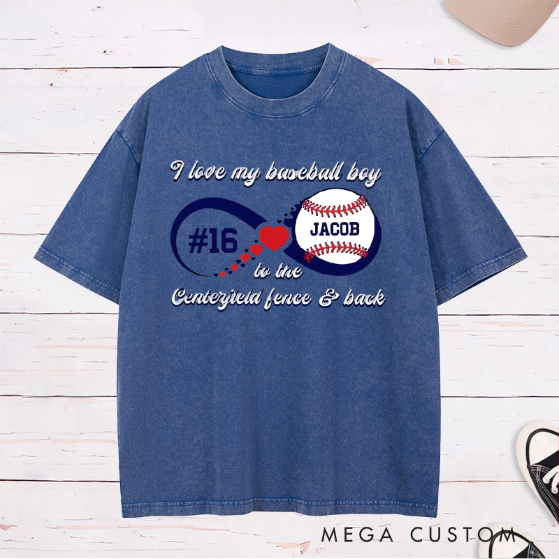 Personalized “I Love My Baseball Boy” Washed T-Shirt with Custom Name and Number  