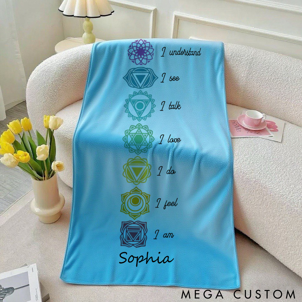 Personalized Chakra Yoga Beach Towel with Seven Chakra Design and Positive Quotes Perfect Gift for Yoga Lover