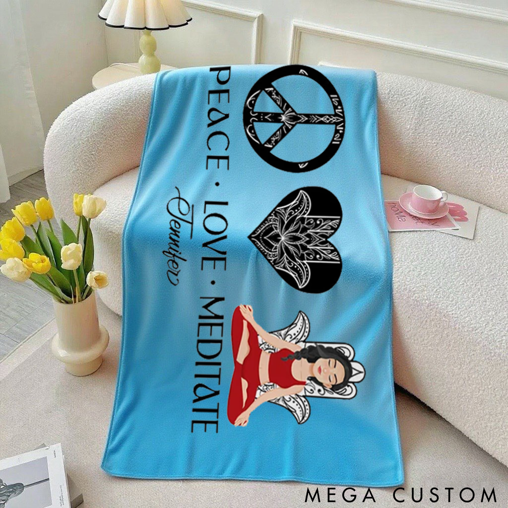 Personalized Peace Love Meditate Beach Towel Perfect Gift for Yoga Lover, Travel and Outdoor Adventures