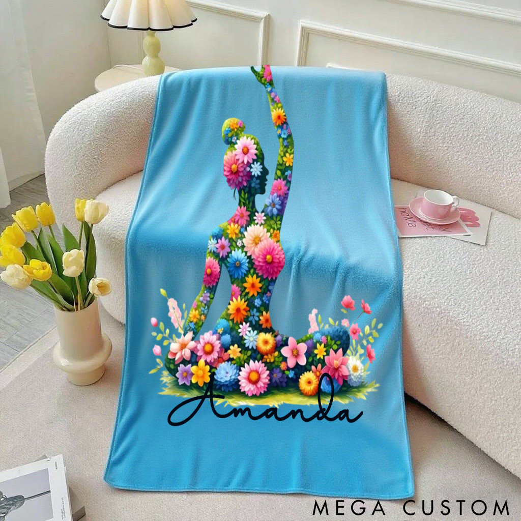 Personalized Floral Yoga Superpower Towel with Vibrant Flower Pose Design Perfect Gift for Yoga Lover
