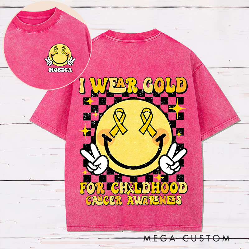 Personalized Two Sides Printed Washed T-Shirt Customized I Wear Gold for Childhood Cancer Awareness Design Washed T-Shirt 