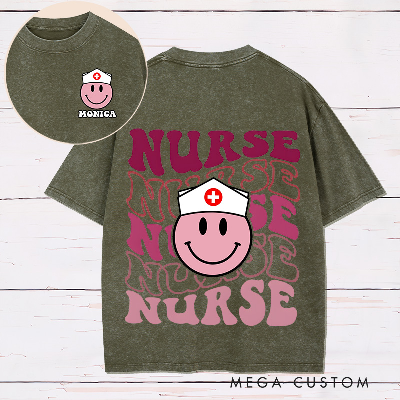 Personalized Two Sides Printed Washed T-Shirt Customized Retro Smiley Nurse Design Washed T-Shirt Nurse Week Gift
