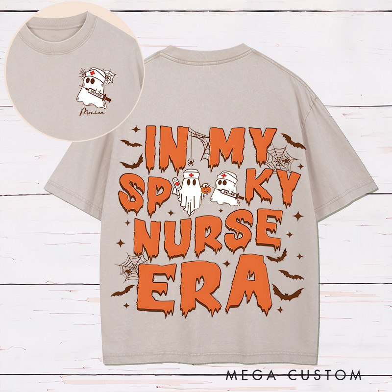 Personalized Two Sides Printed Washed T-Shirt Customized In My Spooky Nurse Era Design Washed T-Shirt 