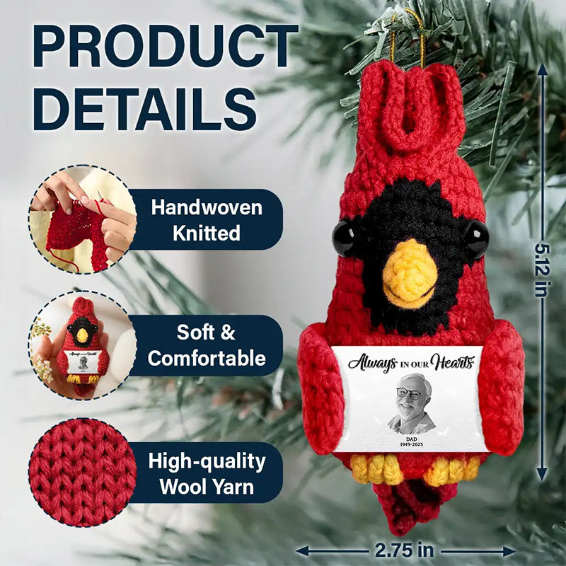 Personalized Photo Memorial Always In Our Heart Custom Crochet Cardinal Bird Hanging Decoration