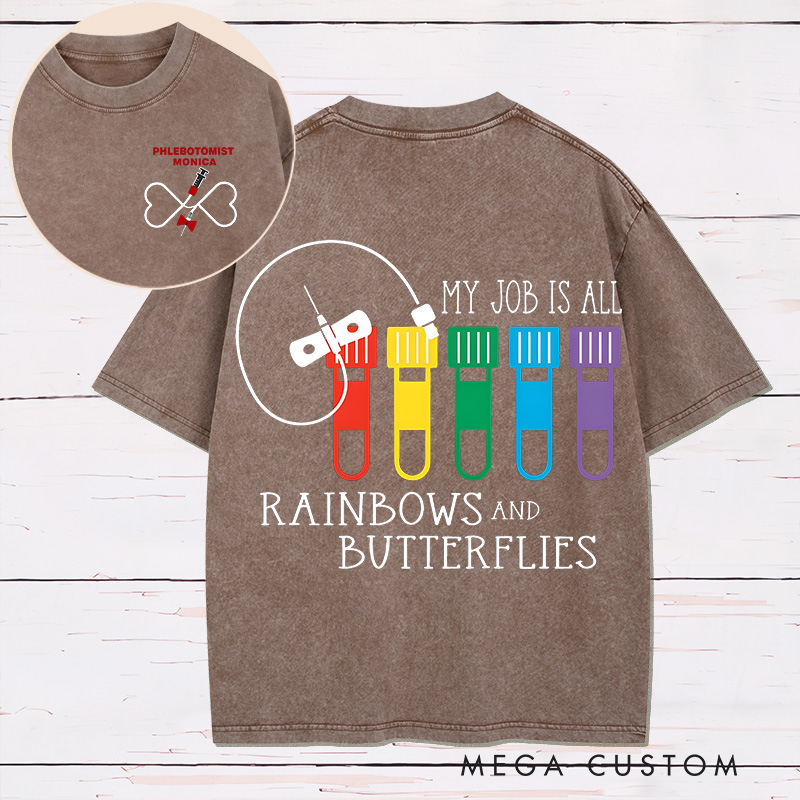 Personalized Two Sides Printed Washed T-Shirt Customized My Job is All Rainbows and Butterflies Design Washed T-Shirt 