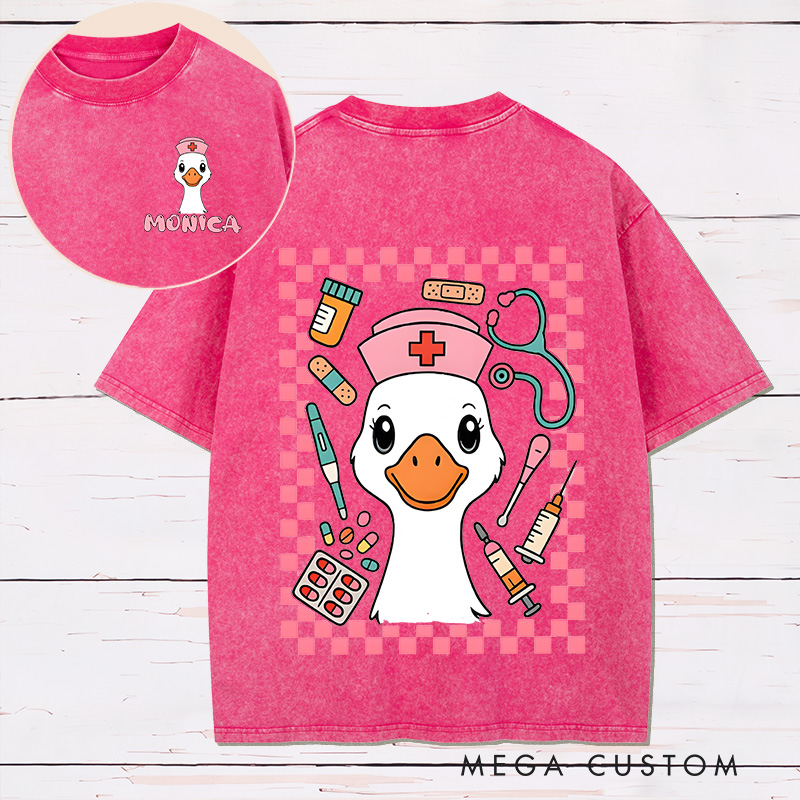 Personalized Two Sides Printed Washed T-Shirt Customized Nurse Goose Fun Design Washed T-Shirt 