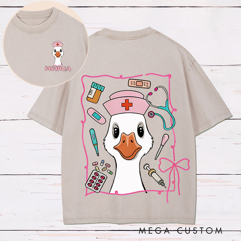 Personalized Two Sides Printed Washed T-Shirt Customized Nurse Goose with Medical Tools Cute Design Washed T-Shirt 