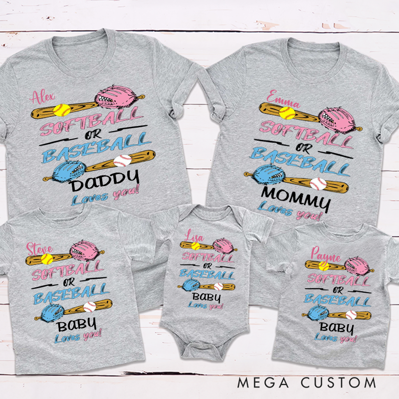 Personalized Gender Reveal Party Softball or Baseball Matching Outfit Family Gift