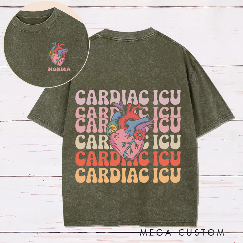 Personalized Two Sides Printed Washed T-Shirt Customized Cardiac ICU Vibrant Heart Design Washed T-Shirt 