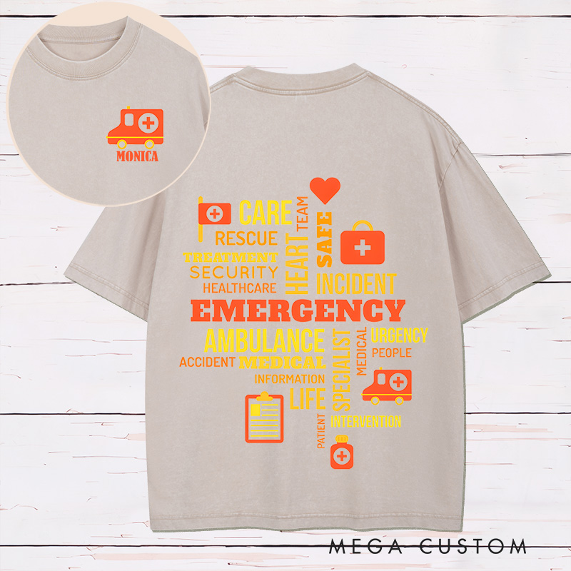 Personalized Two Sides Printed Washed T-Shirt Customized Emergency Care Word Cloud Design Washed T-Shirt 