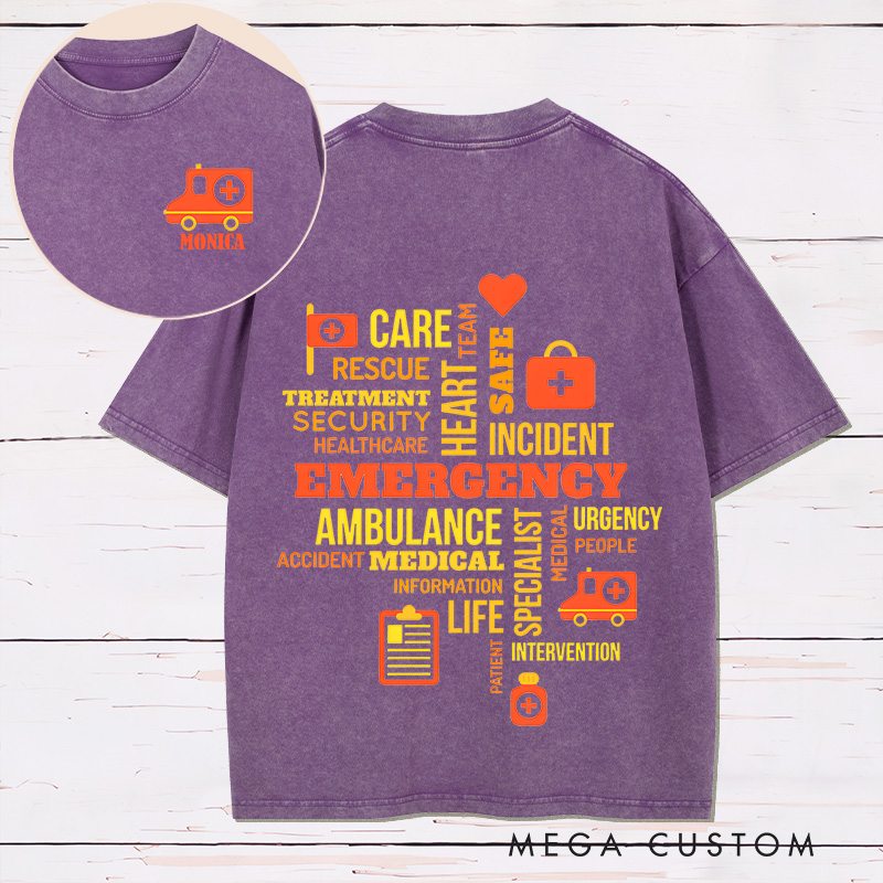 Personalized Two Sides Printed Washed T-Shirt Customized Emergency Care Word Cloud Design Washed T-Shirt 