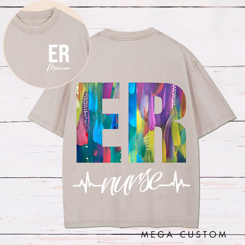 Personalized Two Sides Printed Washed T-Shirt Customized ER Nurse Vibrant Artistic Design Washed T-Shirt 