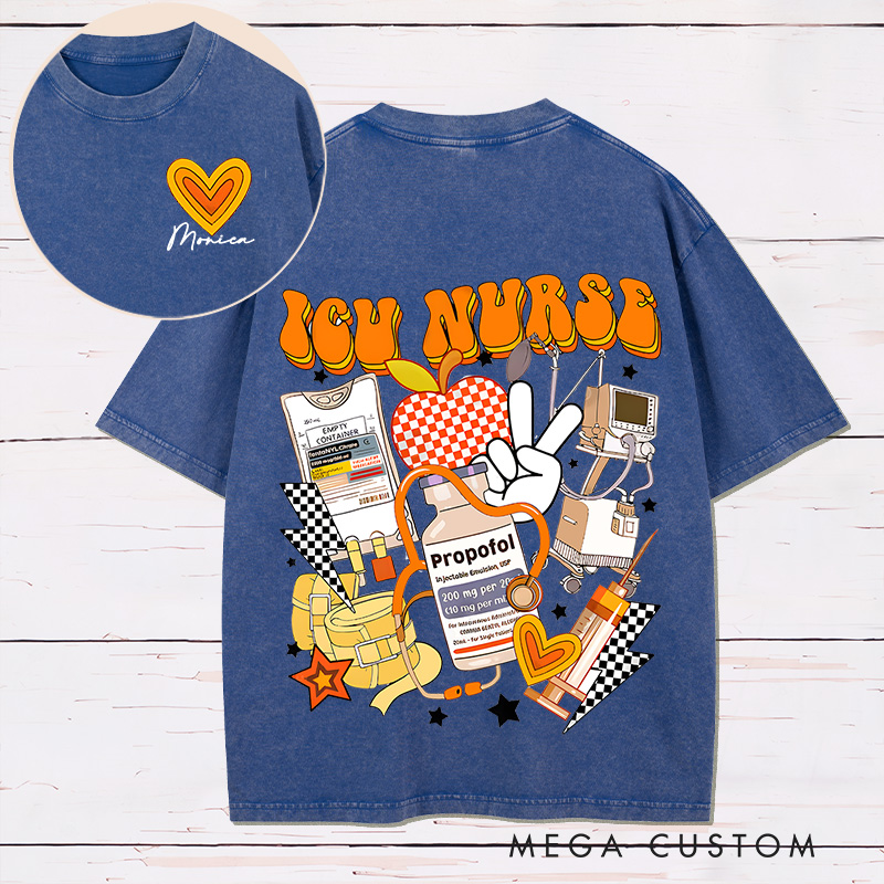 Personalized Two Sides Printed Washed T-Shirt Customized ICU Nurse Design Washed T-Shirt 