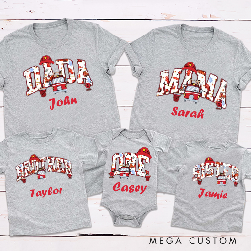 Personalized Firetruck and Helmet on Shirt Firefighter Party Family Matching Outfit