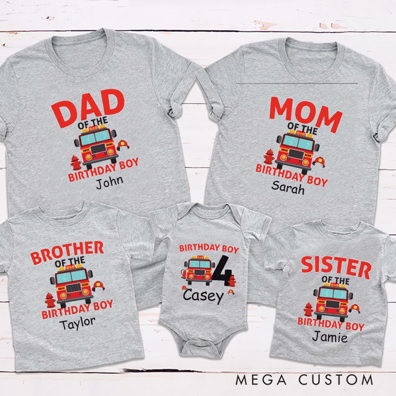 Personalized Cute Firetruck on Shirt Birthday Party Family Matching Outfit