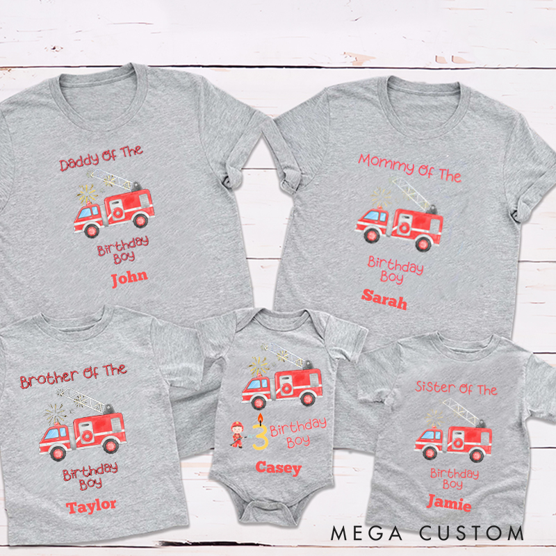 Personalized Special Fire Truck Theme Fireworks on Shirt Birthday Party Family Matching Outfit