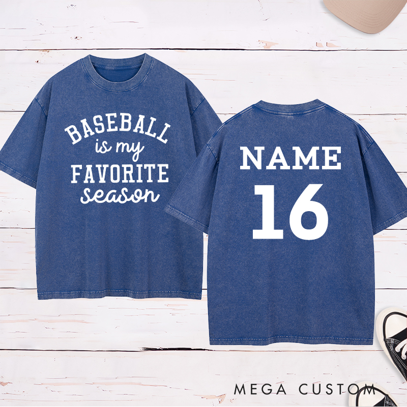 Personalized Baseball Season Washed T-Shirt with Custom Name and Number