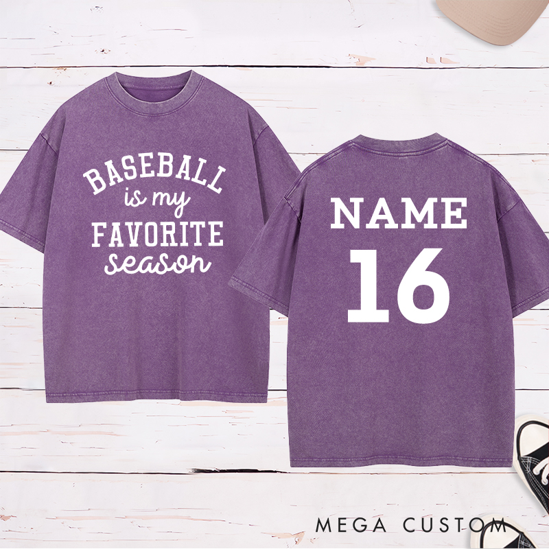 Personalized Baseball Season Washed T-Shirt with Custom Name and Number