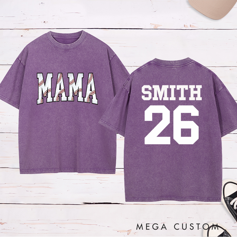 Personalized Vintage-Style "Mama" Baseball Washed T-Shirt with Custom Name and Number