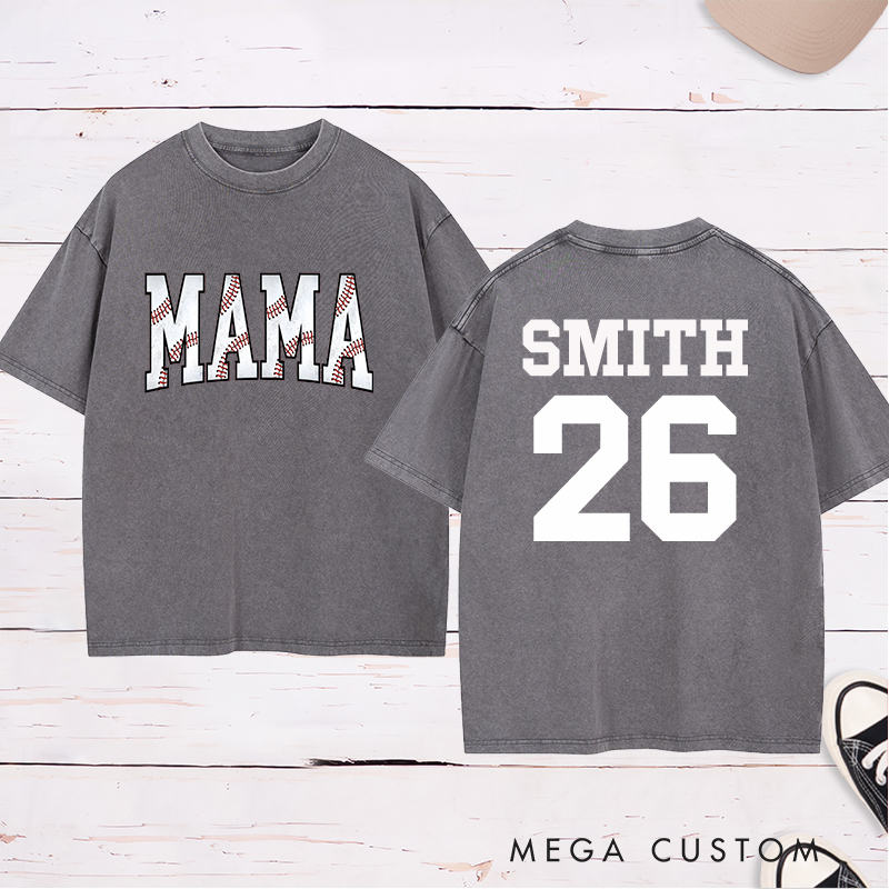Personalized Vintage-Style "Mama" Baseball Washed T-Shirt with Custom Name and Number