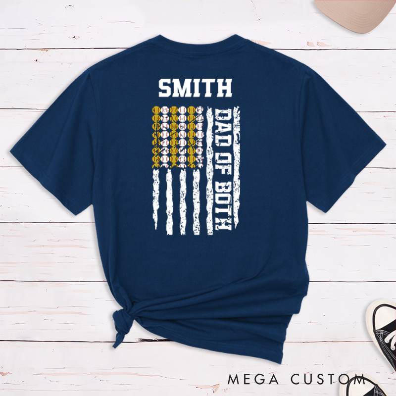 Personalized Dad of Both T-Shirt with Custom Name and Dual Sports Design Perfect Gift for Proud Softball and Baseball Dads