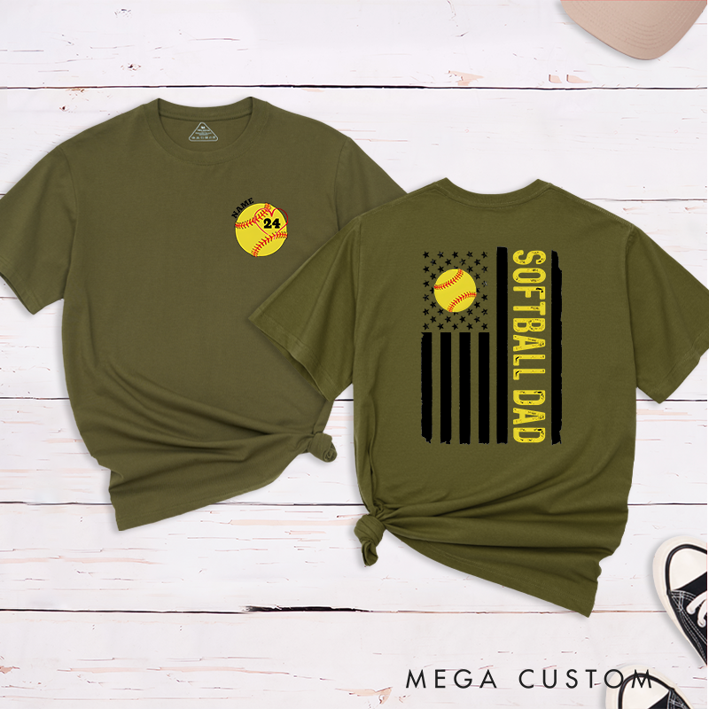 Personalized Softball Dad T-Shirt with Custom Name and Number Patriotic Design Perfect Gift for Proud Softball Dads