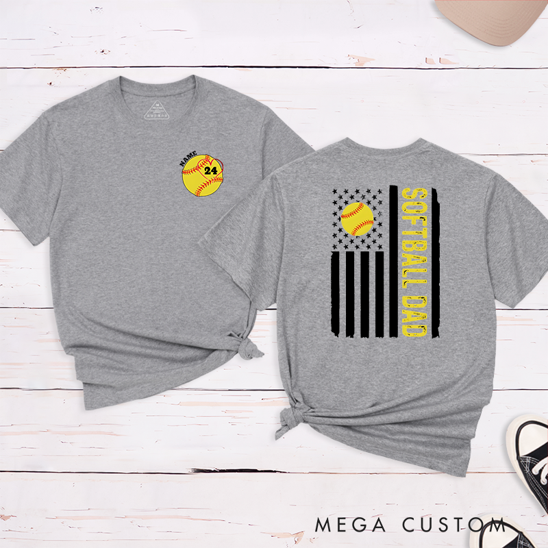 Personalized Softball Dad T-Shirt with Custom Name and Number Patriotic Design Perfect Gift for Proud Softball Dads