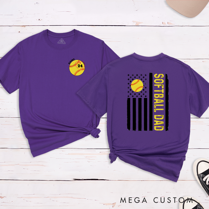 Personalized Softball Dad T-Shirt with Custom Name and Number Patriotic Design Perfect Gift for Proud Softball Dads