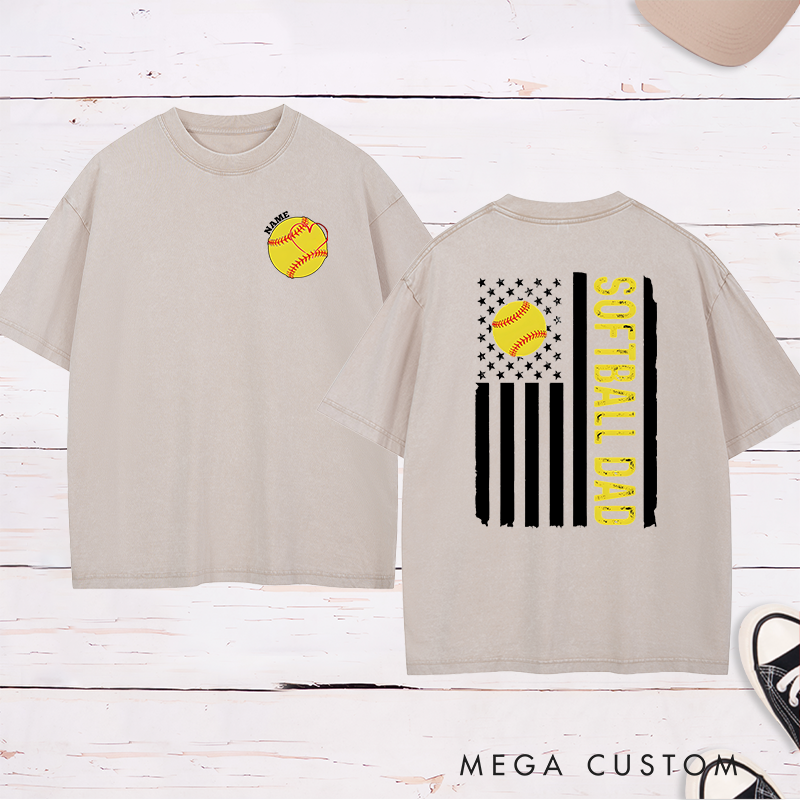 Personalized Softball Dad Washed T-Shirt with Custom Name and Number Patriotic Design Perfect Gift for Proud Softball Dads
