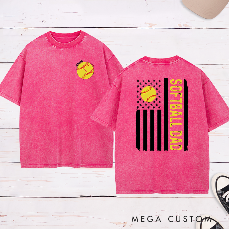 Personalized Softball Dad Washed T-Shirt with Custom Name and Number Patriotic Design Perfect Gift for Proud Softball Dads