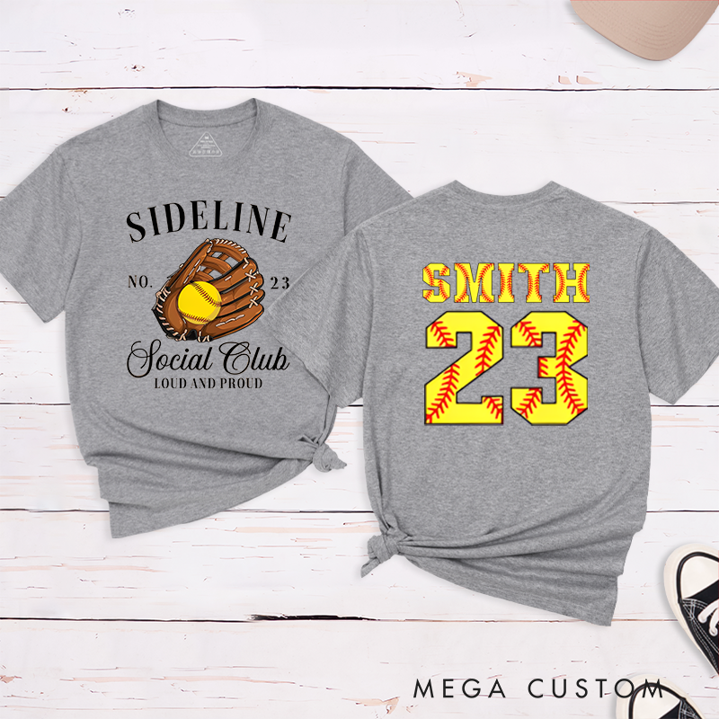Personalized Softball Sideline Social Club T-Shirt with Custom Name and Number Perfect Gift for Proud Fans Supporters and Players