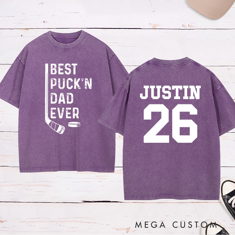 Personalized "Best Puck'n Dad Ever" Hockey Washed T-Shirt with Custom Name and Number
