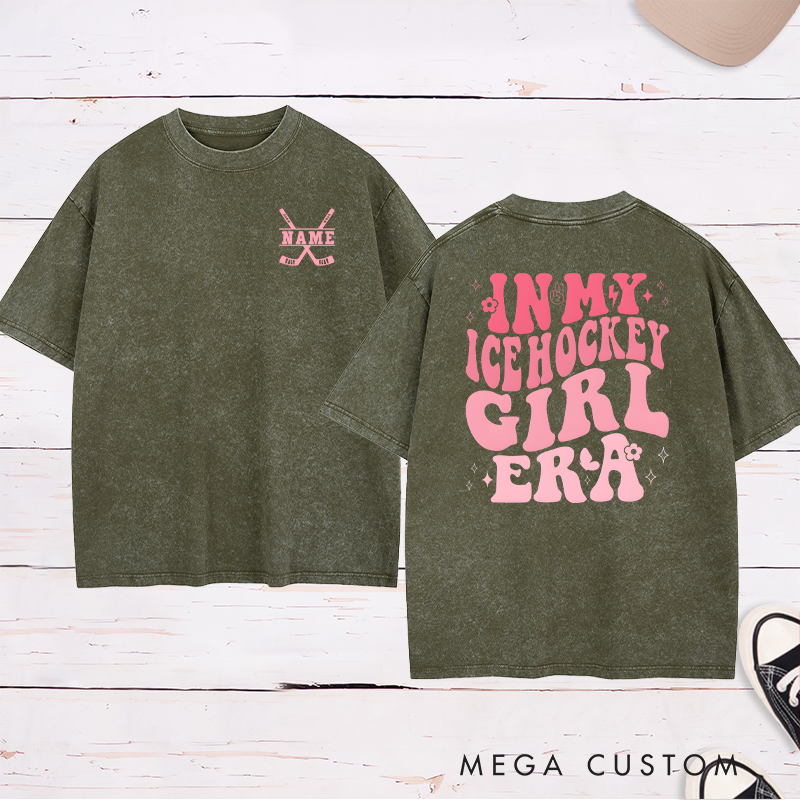 Personalized "Ice Hockey Girl Era" Washed T-Shirt with Custom Name
