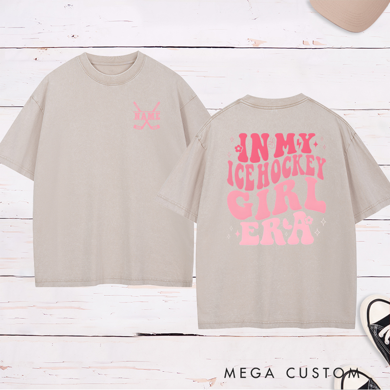 Personalized "Ice Hockey Girl Era" Washed T-Shirt with Custom Name