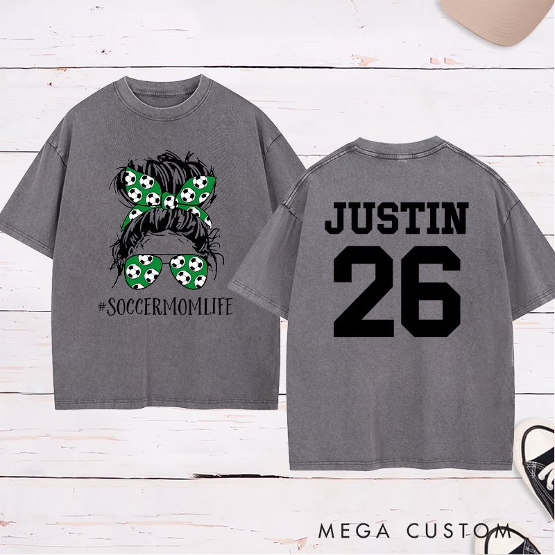 Personalized “Soccer Mom Life” Washed T-Shirt with Custom Name and Number