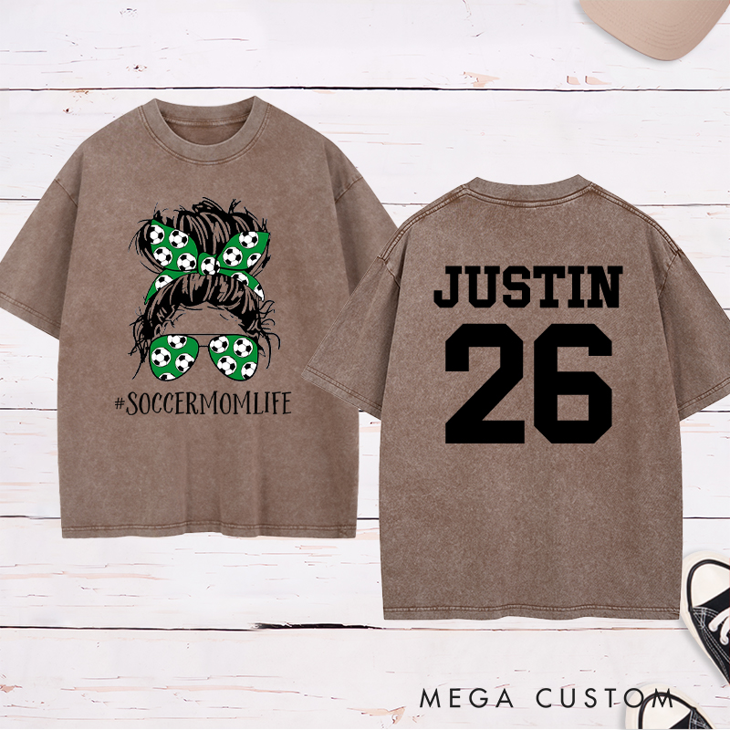 Personalized “Soccer Mom Life” Washed T-Shirt with Custom Name and Number