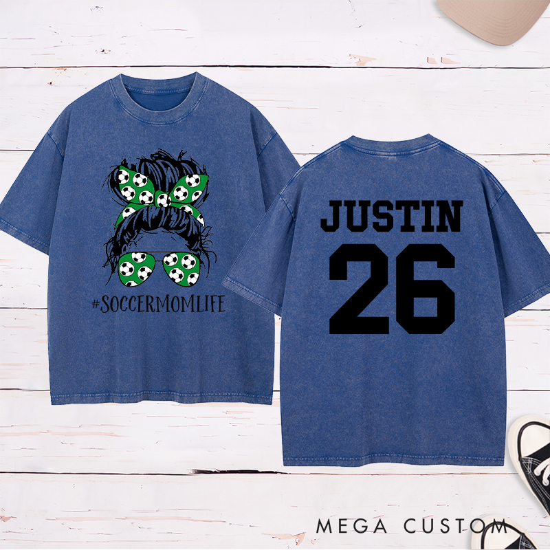 Personalized “Soccer Mom Life” Washed T-Shirt with Custom Name and Number