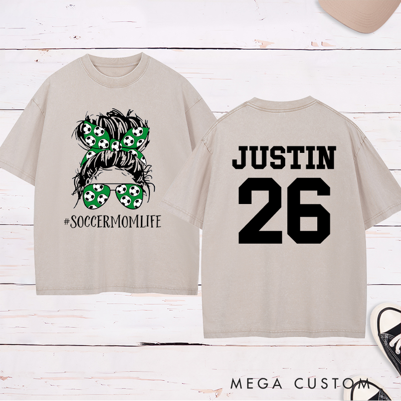 Personalized “Soccer Mom Life” Washed T-Shirt with Custom Name and Number