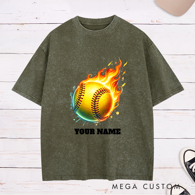 Personalized Fiery Softball Washed T-Shirt Design Customizable Name Featuring a Dynamic Flaming Softball Graphic Perfect for Teams and Players