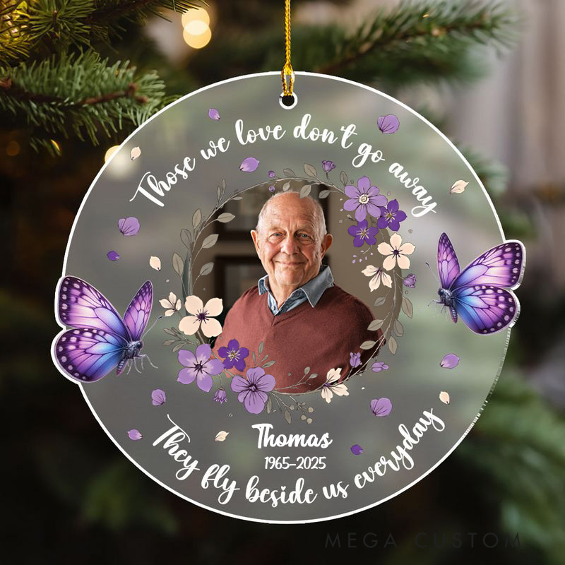 Personalized Round Memorial Ornament With Purple Flowers Butterflies Custom Photo Name Date Those We Love Dont Go Away Keepsake