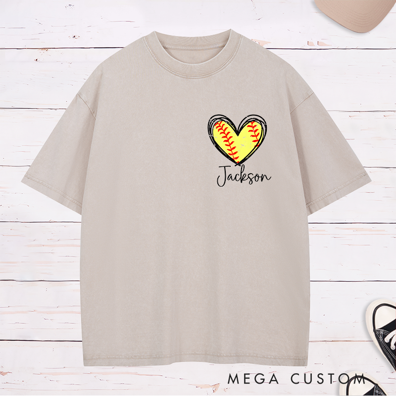 Personalized Softball Heart Washed T-Shirt Design Featuring Custom Name and Vibrant Softball Stitching Graphic