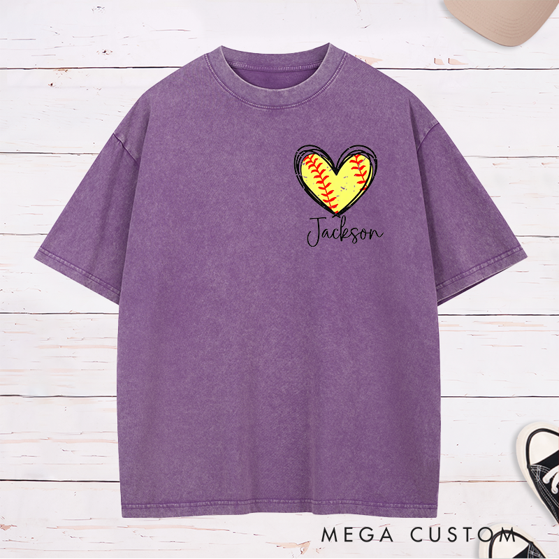 Personalized Softball Heart Washed T-Shirt Design Featuring Custom Name and Vibrant Softball Stitching Graphic
