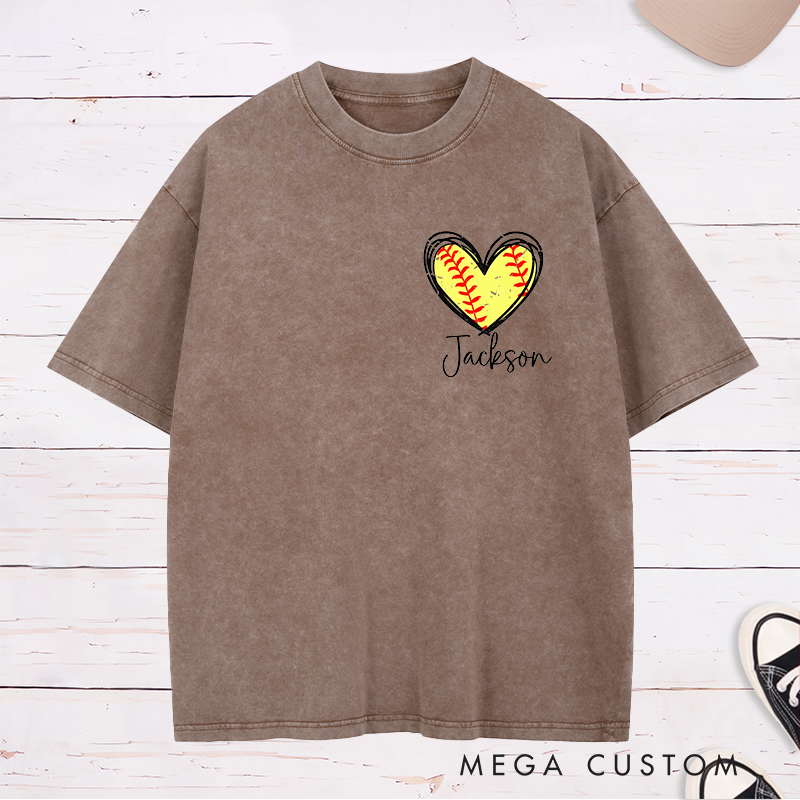 Personalized Softball Heart Washed T-Shirt Design Featuring Custom Name and Vibrant Softball Stitching Graphic