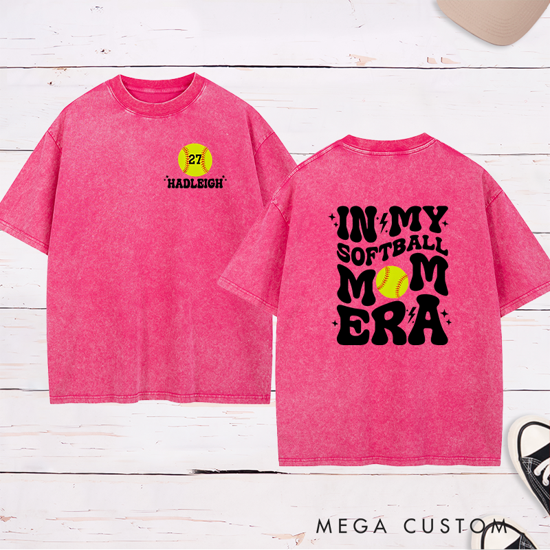 Personalized Softball Mom Washed T-Shirt Design Featuring Bold Retro Text Custom Player Number and Name with Softball Graphic