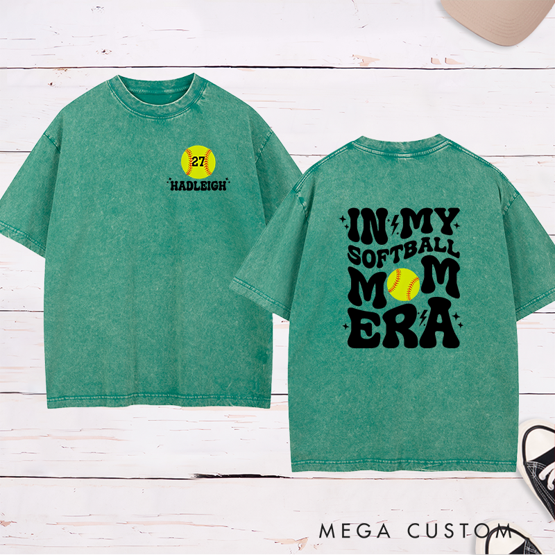 Personalized Softball Mom Washed T-Shirt Design Featuring Bold Retro Text Custom Player Number and Name with Softball Graphic