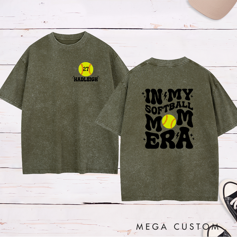 Personalized Softball Mom Washed T-Shirt Design Featuring Bold Retro Text Custom Player Number and Name with Softball Graphic