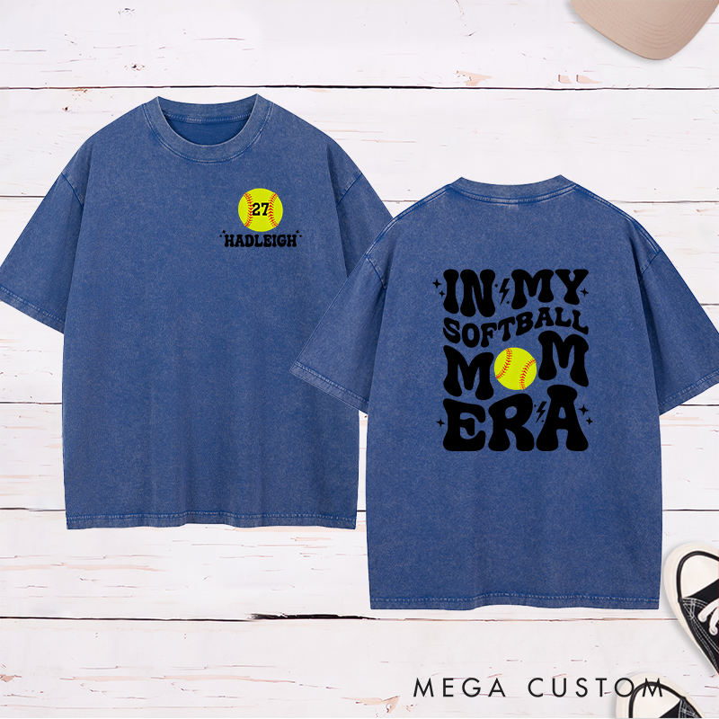 Personalized Softball Mom Washed T-Shirt Design Featuring Bold Retro Text Custom Player Number and Name with Softball Graphic