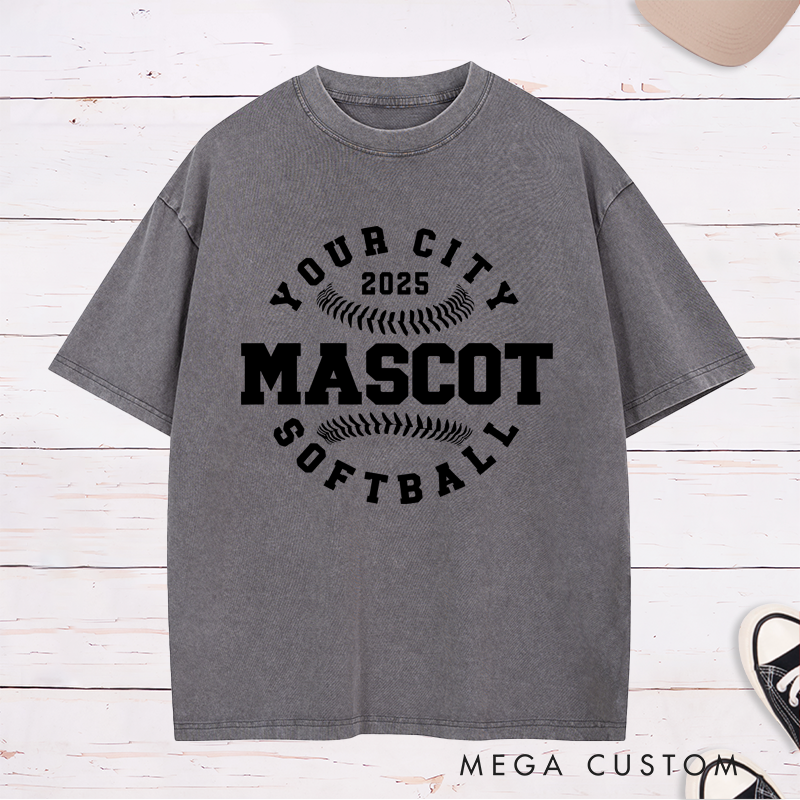 Personalized Softball Team Washed T-Shirt Design Featuring Custom City Name Team Name Baseball Stitch Graphics and Custom Year Highlight